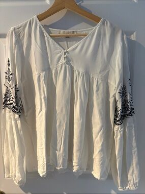 LOFT White Peasant Blouse with Navy Sleeve Embroidery